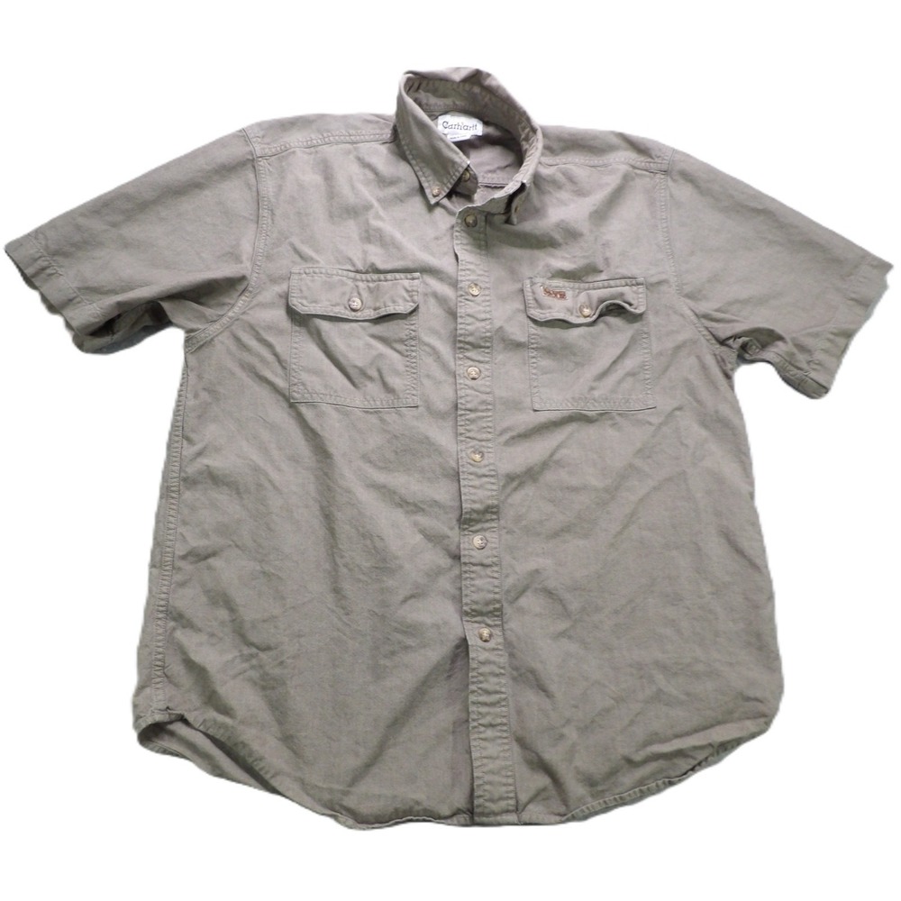 Carhartt Work Shirt Men M Gray Cotton Short Sleeve Button Pocket Utility Outdoor